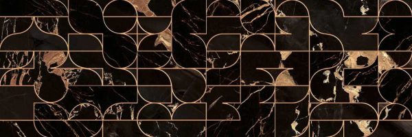Seamless pattern design with golden geometric lines, black marbl